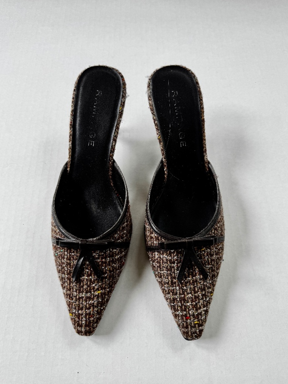 Rampage Vintage Pointed-Toe Brown Tweed Kitten Heel Mules Women's Size 9.5